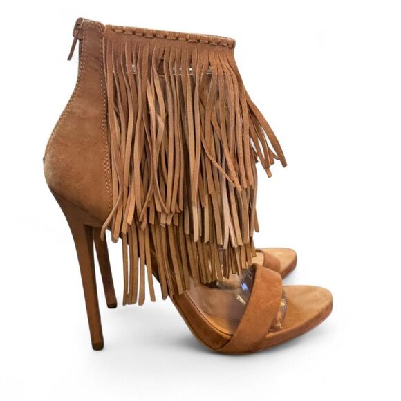 Aldo Women’s Size 6.5 Fringe Suede Stiletto Heels Sandals Tan Boho Festival - Picture 2 of 8